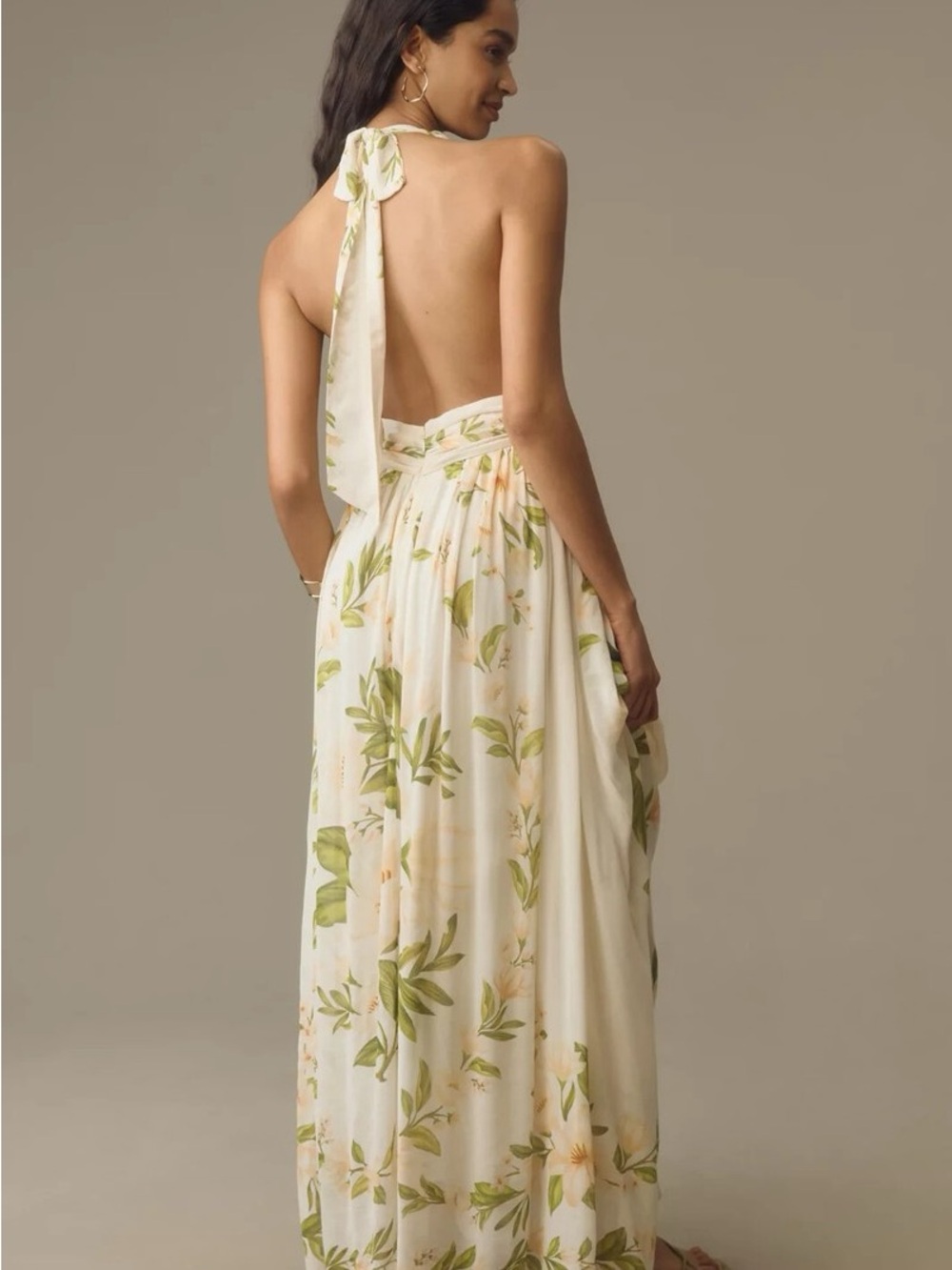 Anthropologie X Farm Rio Backless Cream Floral Halter Maxi Dress